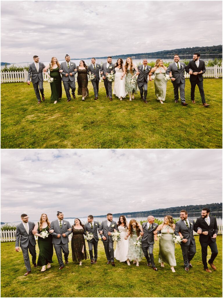 Snohomish wedding photographer gsquared weddings a wedding party poses on a lush green lawn in port gamble with a scenic backdrop of hills and sky The group in formal attire includes bridesmaids in green dresses and groomsmen in gray suits flanking the bride in white and groom in black at this stunning summer wedding Serving seattle snohomish and washington state Snohomish wedding photographer gsquared weddings a wedding party poses on a lush green lawn in port gamble with a scenic backdrop of hills and sky The group in formal attire includes bridesmaids in green dresses and groomsmen in gray suits flanking the bride in white and groom in black at this stunning summer wedding Serving seattle snohomish and washington state