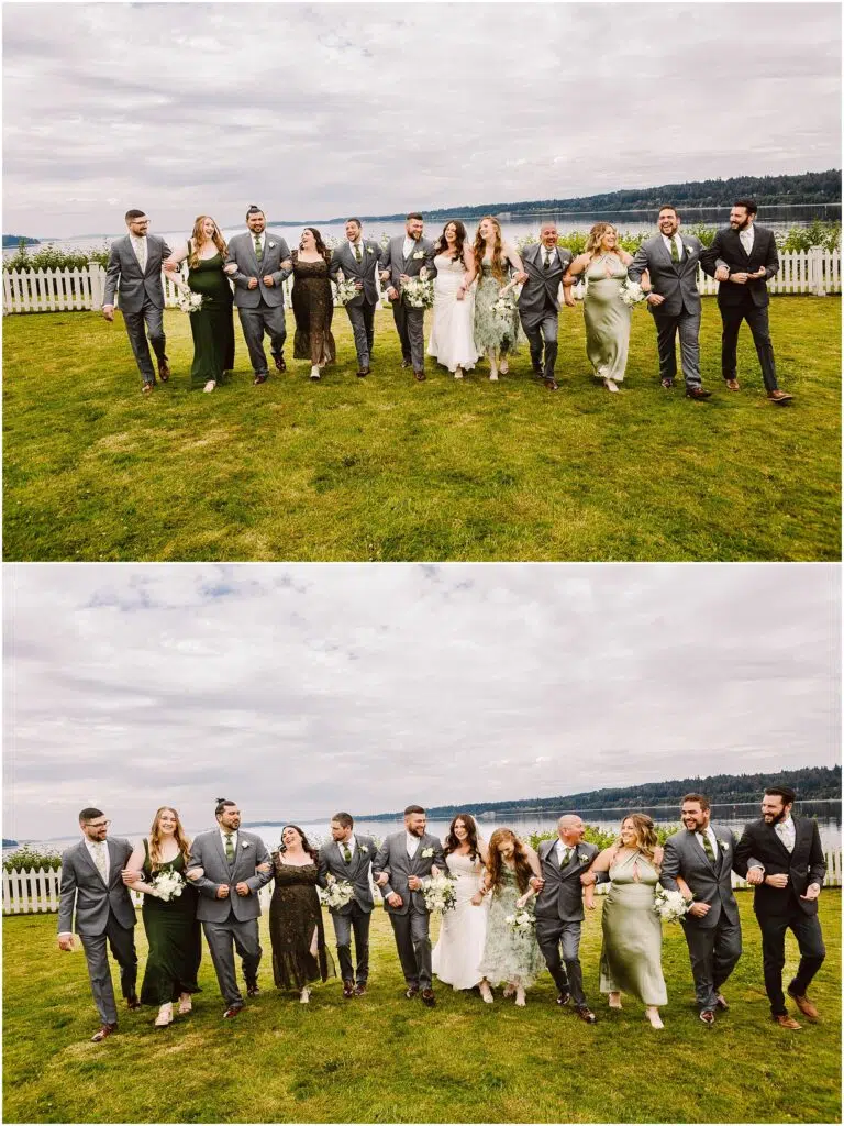 Snohomish Wedding Photographer GSquared Weddings A wedding party poses on a lush green lawn in Port Gamble with a scenic backdrop of hills and sky The group in formal attire includes bridesmaids in green dresses and groomsmen in gray suits flanking the bride in white and groom in black at this stunning summer wedding Serving Seattle Snohomish and Washington State Snohomish Wedding Photographer GSquared Weddings A wedding party poses on a lush green lawn in Port Gamble with a scenic backdrop of hills and sky. The group, in formal attire, includes bridesmaids in green dresses and groomsmen in gray suits, flanking the bride in white and groom in black at this stunning summer wedding. Serving Seattle, Snohomish and Washington State
