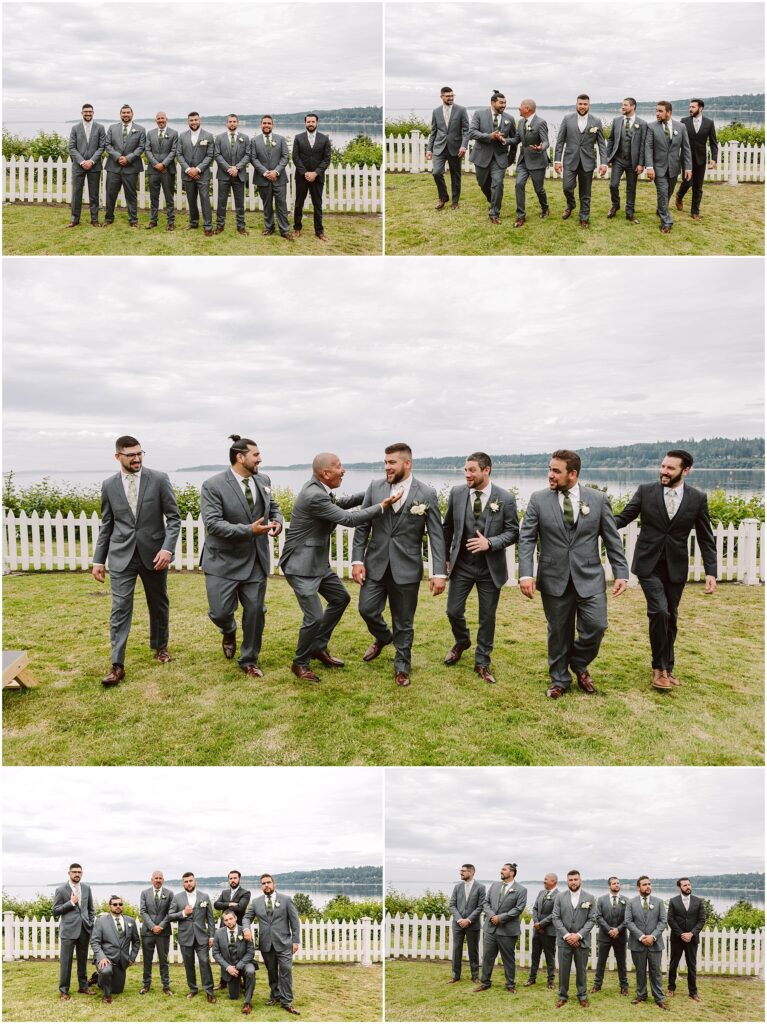 Snohomish wedding photographer gsquared weddings a group of groomsmen in gray suits with boutonnieres stroll through a grassy area against port gambles iconic white picket fence under a cloudy summer sky Some images capture them playfully interacting while one features them happily posing with a young child at the wedding Serving seattle snohomish and washington state Snohomish wedding photographer gsquared weddings a group of groomsmen in gray suits with boutonnieres stroll through a grassy area against port gambles iconic white picket fence under a cloudy summer sky Some images capture them playfully interacting while one features them happily posing with a young child at the wedding Serving seattle snohomish and washington state