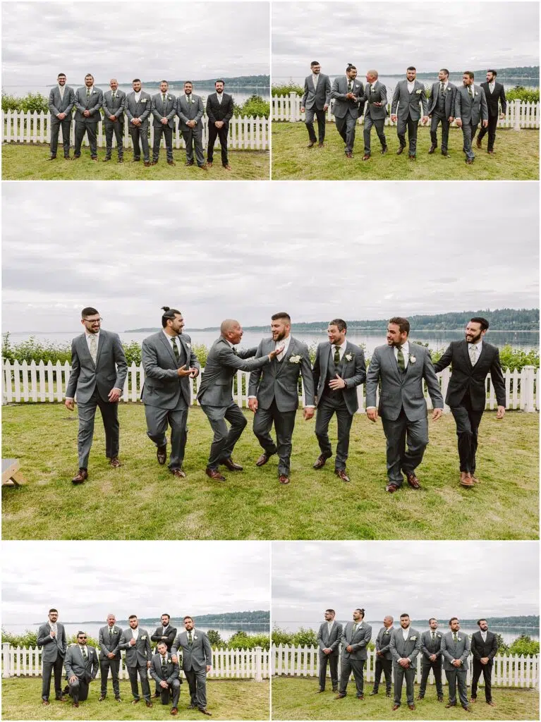 Snohomish Wedding Photographer GSquared Weddings A group of groomsmen in gray suits with boutonnieres stroll through a grassy area against Port Gambles iconic white picket fence under a cloudy summer sky Some images capture them playfully interacting while one features them happily posing with a young child at the wedding Serving Seattle Snohomish and Washington State Snohomish Wedding Photographer GSquared Weddings A group of groomsmen in gray suits with boutonnieres stroll through a grassy area against Port Gambles iconic white picket fence under a cloudy summer sky. Some images capture them playfully interacting, while one features them happily posing with a young child at the wedding. Serving Seattle, Snohomish and Washington State