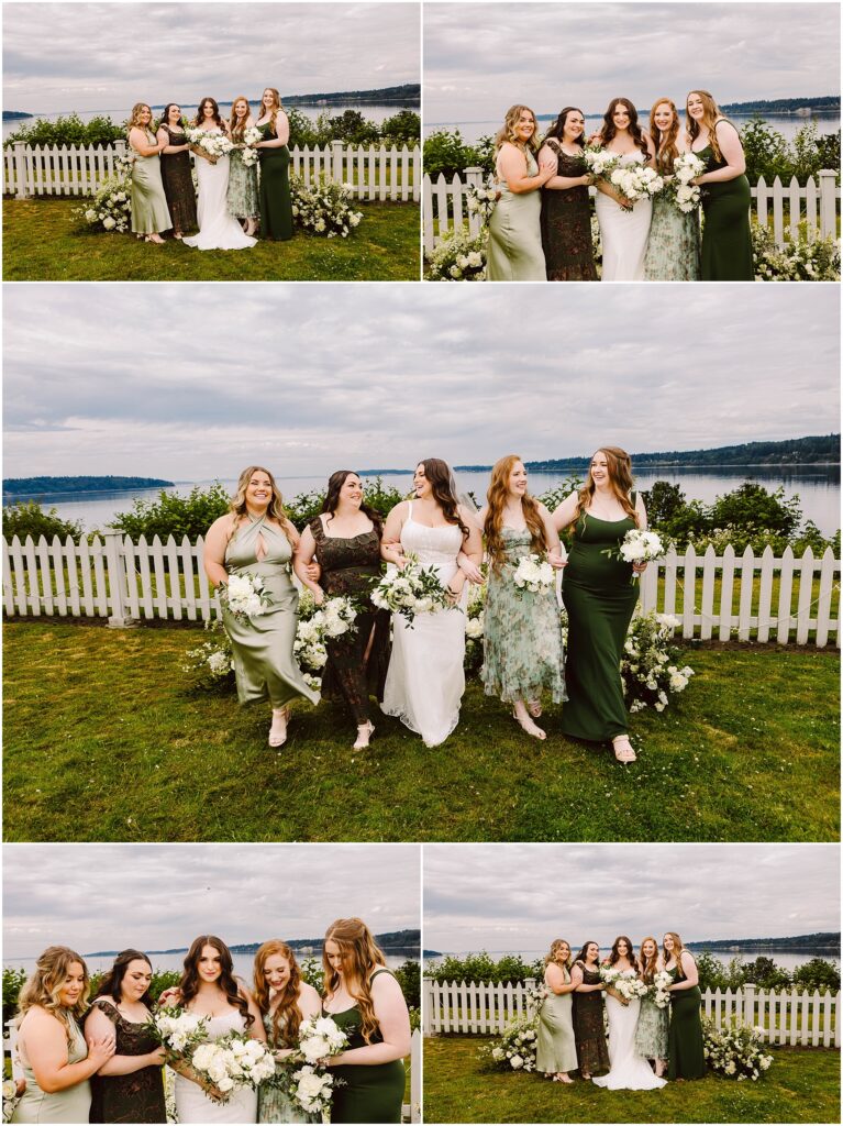 Snohomish wedding photographer gsquared weddings five women in elegant dresses stand together in port gamble by a white picket fence overlooking water and greenery Theyre smiling holding bouquets under an overcast sky The dresses perfect for a summer wedding vary in shades of green and white Serving seattle snohomish and washington state Snohomish wedding photographer gsquared weddings five women in elegant dresses stand together in port gamble by a white picket fence overlooking water and greenery Theyre smiling holding bouquets under an overcast sky The dresses perfect for a summer wedding vary in shades of green and white Serving seattle snohomish and washington state