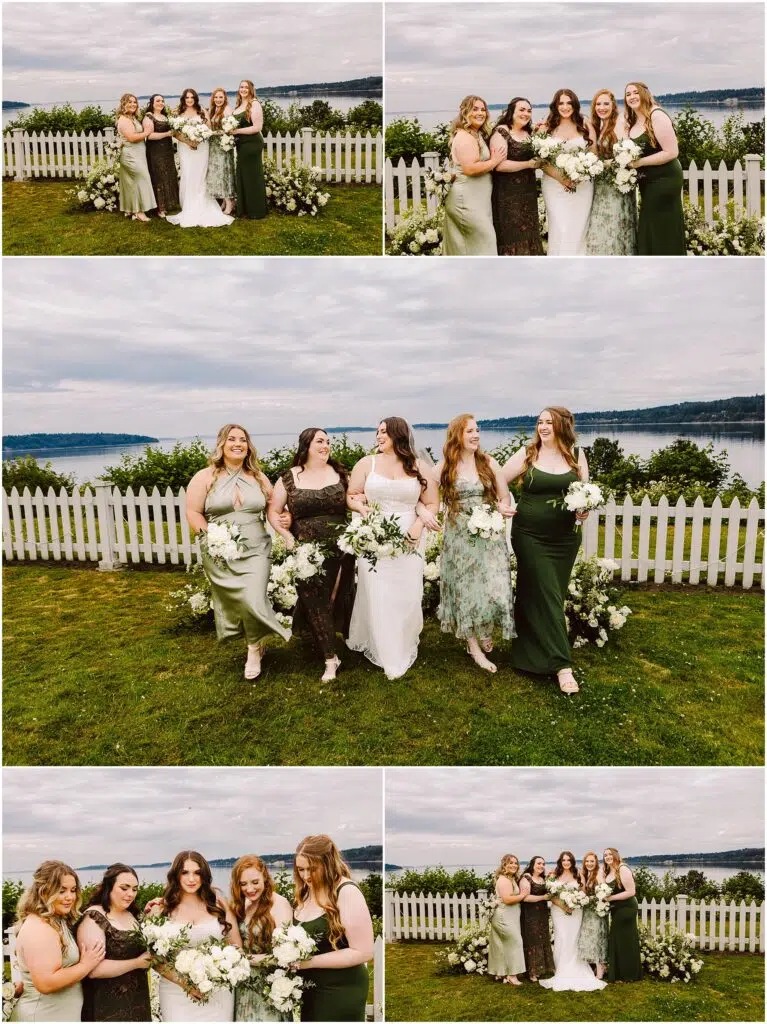 Snohomish Wedding Photographer GSquared Weddings Five women in elegant dresses stand together in Port Gamble by a white picket fence overlooking water and greenery Theyre smiling holding bouquets under an overcast sky The dresses perfect for a summer wedding vary in shades of green and white Serving Seattle Snohomish and Washington State Snohomish Wedding Photographer GSquared Weddings Five women in elegant dresses stand together in Port Gamble, by a white picket fence overlooking water and greenery. Theyre smiling, holding bouquets under an overcast sky. The dresses, perfect for a summer wedding, vary in shades of green and white. Serving Seattle, Snohomish and Washington State