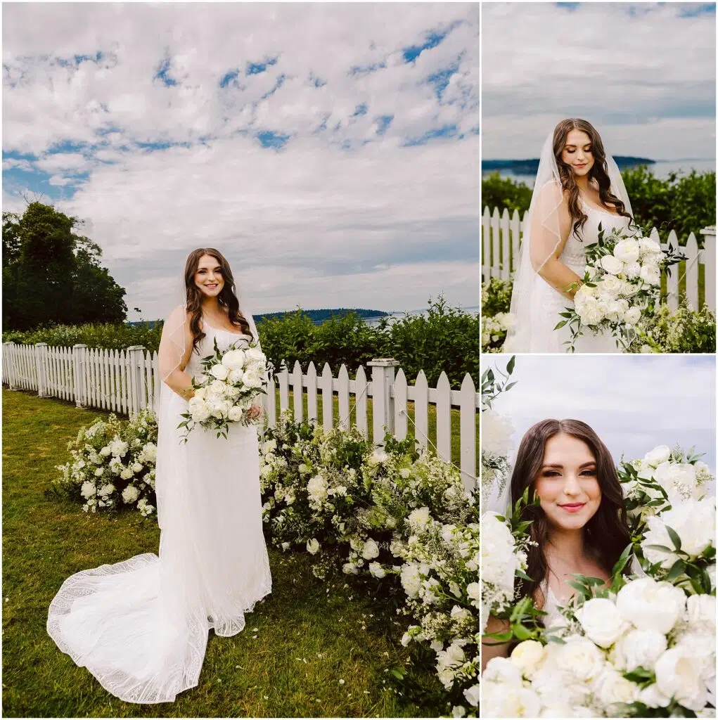 Snohomish Wedding Photographer GSquared Weddings In the charming setting of Port Gamble a bride in a white dress stands by a white picket fence holding a bouquet of white flowers The sky hints at summers warmth with its partly cloudy demeanor Three images capture her fulllength grace waistup smile and closeup among the blooms Serving Seattle Snohomish and Washington State Snohomish Wedding Photographer GSquared Weddings In the charming setting of Port Gamble, a bride in a white dress stands by a white picket fence, holding a bouquet of white flowers. The sky hints at summers warmth with its partly cloudy demeanor. Three images capture her full-length grace, waist-up smile, and close-up among the blooms. Serving Seattle, Snohomish and Washington State