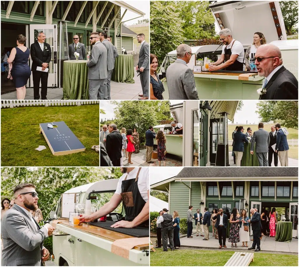 Snohomish Wedding Photographer GSquared Weddings Collage of outdoor party scenes at a Port Gamble summer wedding showcasing guests in formal attire mingling near a mobile bar and enjoying a bean bag toss game The picturesque setting features a lush green lawn towering trees and an elegant building with large windows Serving Seattle Snohomish and Washington State Snohomish Wedding Photographer GSquared Weddings Collage of outdoor party scenes at a Port Gamble summer wedding, showcasing guests in formal attire mingling near a mobile bar and enjoying a bean bag toss game. The picturesque setting features a lush green lawn, towering trees, and an elegant building with large windows. Serving Seattle, Snohomish and Washington State
