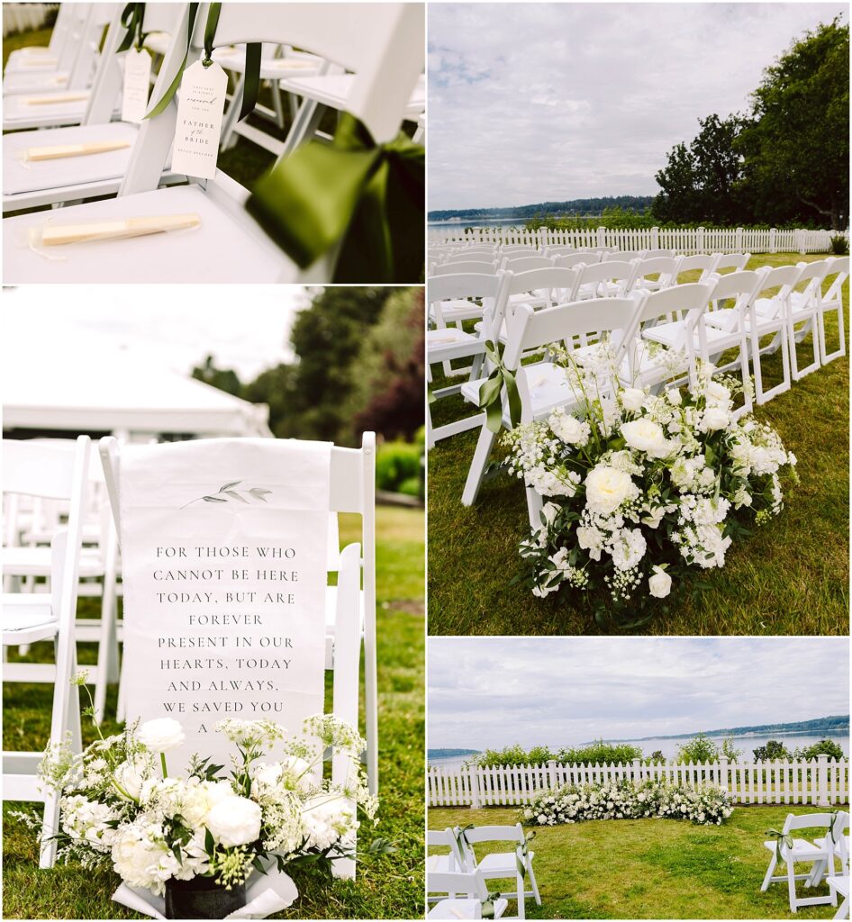 Snohomish wedding photographer gsquared weddings a collage of a summer wedding setup by port gamble features white chairs with green ribbons a memorial chair with a sign and floral arrangements with white flowers The serene scene is completed by the view of the lake a picket fence and cloudy skies in the background Serving seattle snohomish and washington state Snohomish wedding photographer gsquared weddings a collage of a summer wedding setup by port gamble features white chairs with green ribbons a memorial chair with a sign and floral arrangements with white flowers The serene scene is completed by the view of the lake a picket fence and cloudy skies in the background Serving seattle snohomish and washington state