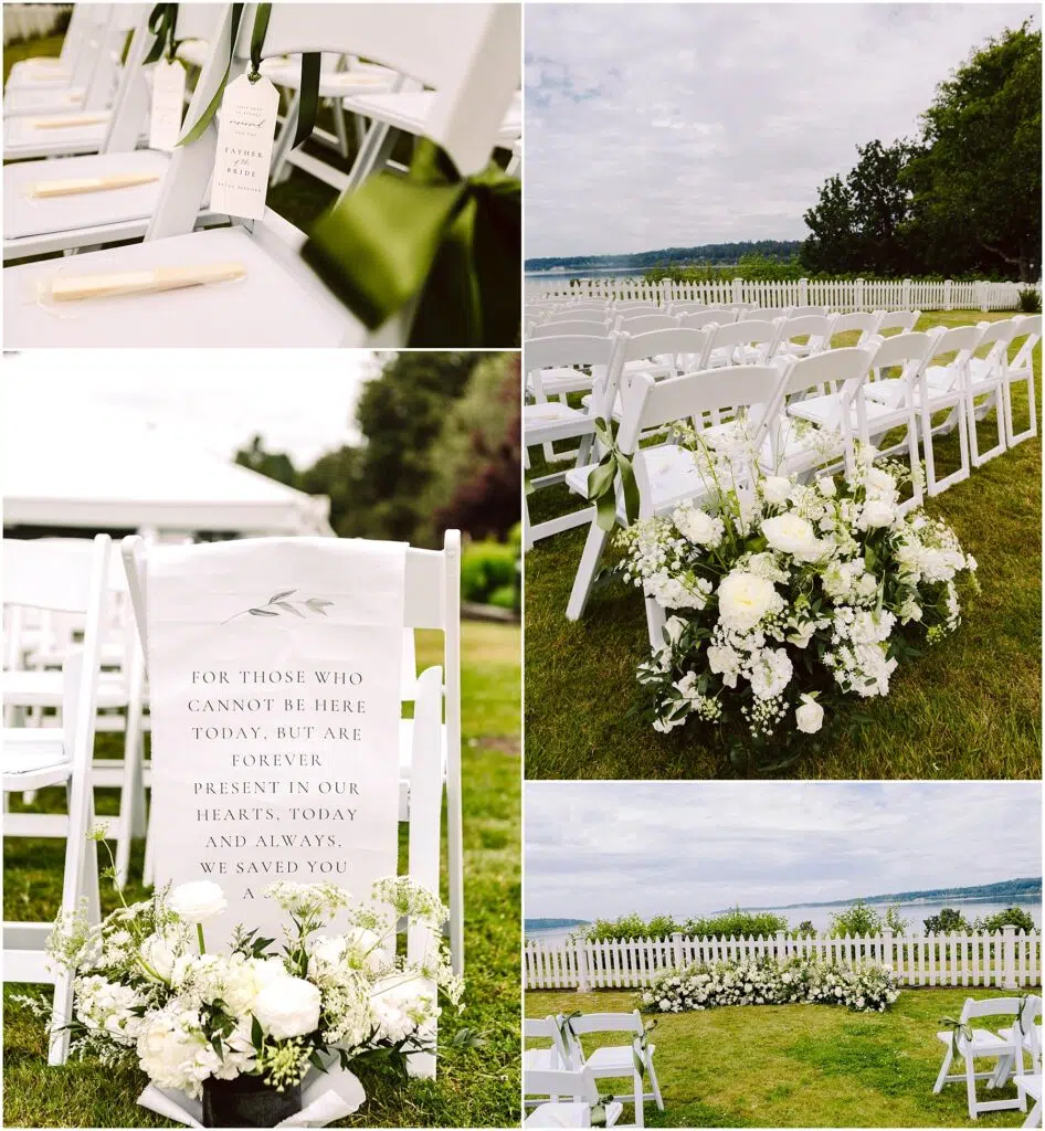 Snohomish Wedding Photographer GSquared Weddings A collage of a summer wedding setup by Port Gamble features white chairs with green ribbons a memorial chair with a sign and floral arrangements with white flowers The serene scene is completed by the view of the lake a picket fence and cloudy skies in the background Serving Seattle Snohomish and Washington State Snohomish Wedding Photographer GSquared Weddings A collage of a summer wedding setup by Port Gamble features white chairs with green ribbons, a memorial chair with a sign, and floral arrangements with white flowers. The serene scene is completed by the view of the lake, a picket fence, and cloudy skies in the background. Serving Seattle, Snohomish and Washington State