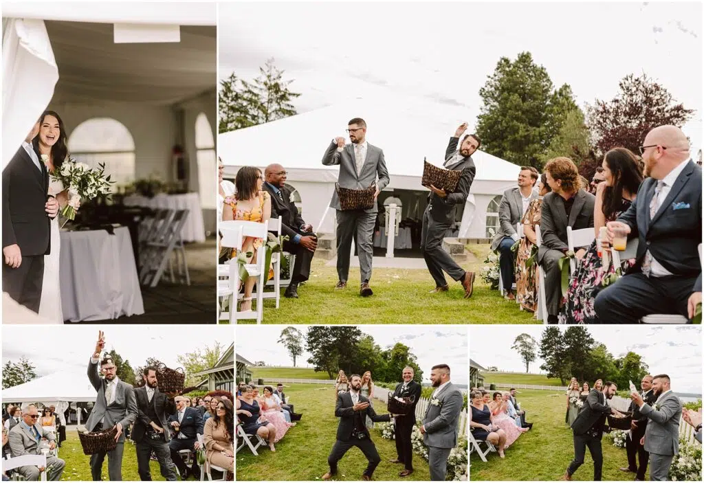 Snohomish Wedding Photographer GSquared Weddings A summer wedding unfolds in an outdoor tented area near Port Gamble Guests are seated in rows while two men in gray suits dance down the aisle with baskets Trees and tent structures grace the background and a woman stands smiling at the entrance Serving Seattle Snohomish and Washington State Snohomish Wedding Photographer GSquared Weddings A summer wedding unfolds in an outdoor tented area near Port Gamble. Guests are seated in rows while two men in gray suits dance down the aisle with baskets. Trees and tent structures grace the background, and a woman stands smiling at the entrance. Serving Seattle, Snohomish and Washington State