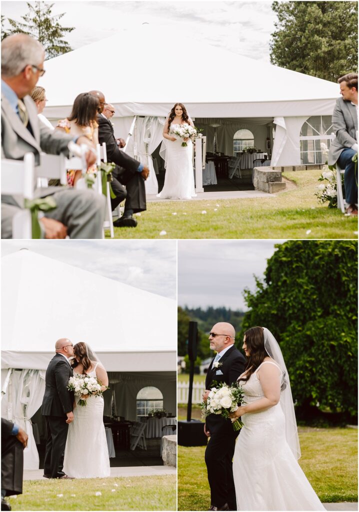 Snohomish wedding photographer gsquared weddings at a charming summer wedding in port gamble a bride in a white dress gracefully walks down an outdoor aisle lined with seated guests under a white tent Another image captures her and a man in a suit sharing a kiss while in the third they stand together holding a bouquet Serving seattle snohomish and washington state Snohomish wedding photographer gsquared weddings at a charming summer wedding in port gamble a bride in a white dress gracefully walks down an outdoor aisle lined with seated guests under a white tent Another image captures her and a man in a suit sharing a kiss while in the third they stand together holding a bouquet Serving seattle snohomish and washington state