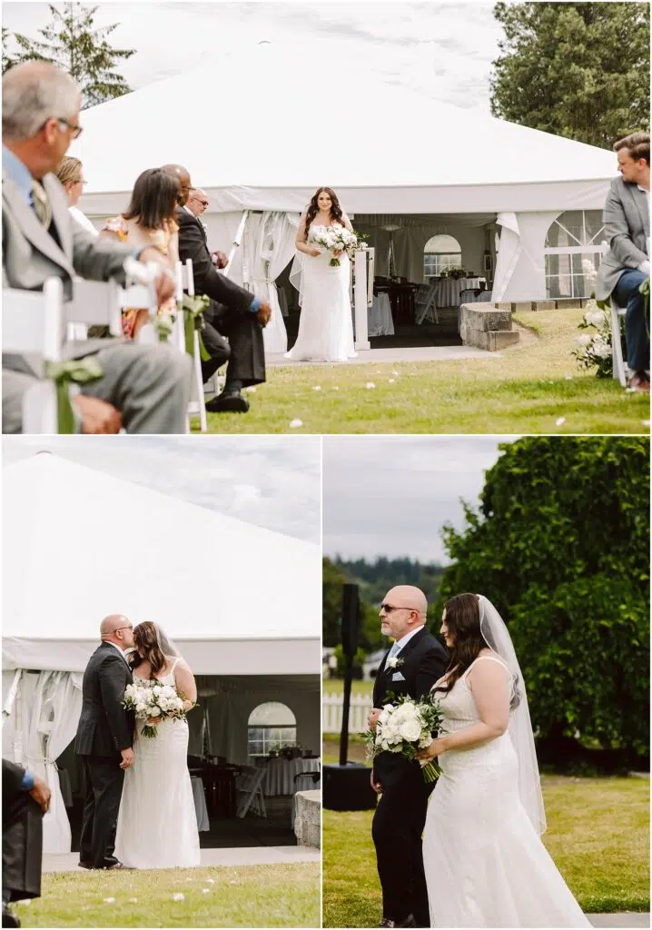 Snohomish Wedding Photographer GSquared Weddings At a charming summer wedding in Port Gamble a bride in a white dress gracefully walks down an outdoor aisle lined with seated guests under a white tent Another image captures her and a man in a suit sharing a kiss while in the third they stand together holding a bouquet Serving Seattle Snohomish and Washington State Snohomish Wedding Photographer GSquared Weddings At a charming summer wedding in Port Gamble, a bride in a white dress gracefully walks down an outdoor aisle lined with seated guests under a white tent. Another image captures her and a man in a suit sharing a kiss, while in the third, they stand together holding a bouquet. Serving Seattle, Snohomish and Washington State