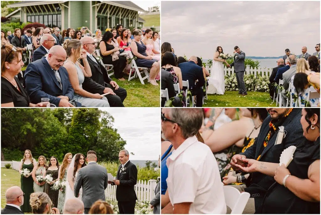 Snohomish Wedding Photographer GSquared Weddings Four photos capture a beautiful summer wedding ceremony in Port Gamble Guests sit on white chairs as the couple exchanges vows by the ocean nestled among lush greenery Bridesmaids in light dresses and groomsmen in suits stand nearby with sunny weather enhancing the picturesque scene Serving Seattle Snohomish and Washington State Snohomish Wedding Photographer GSquared Weddings Four photos capture a beautiful summer wedding ceremony in Port Gamble. Guests sit on white chairs as the couple exchanges vows by the ocean, nestled among lush greenery. Bridesmaids in light dresses and groomsmen in suits stand nearby, with sunny weather enhancing the picturesque scene. Serving Seattle, Snohomish and Washington State