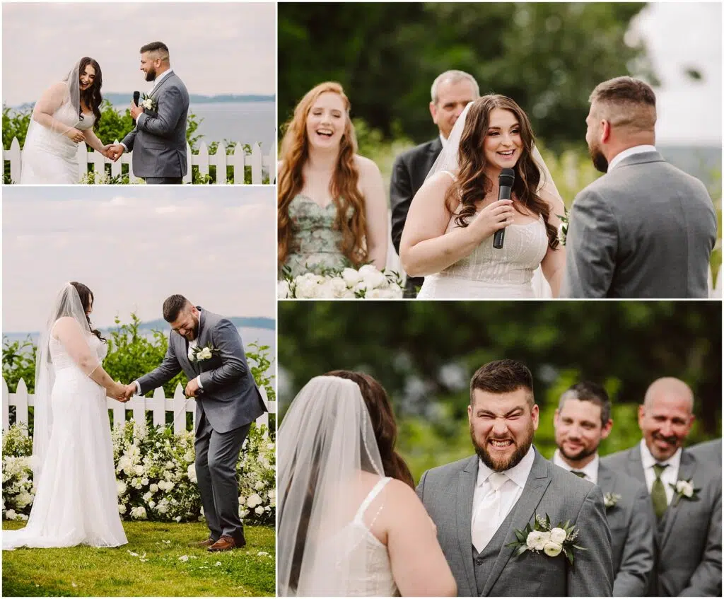 Snohomish Wedding Photographer GSquared Weddings Amid a picturesque Port Gamble setting a bride and groom laugh and smile during their summer wedding ceremony Standing near a white fence adorned with flowers the ocean glimmers in the background as joyful bridesmaids and groomsmen look on The couple radiates happiness Serving Seattle Snohomish and Washington State Snohomish Wedding Photographer GSquared Weddings Amid a picturesque Port Gamble setting, a bride and groom laugh and smile during their summer wedding ceremony. Standing near a white fence adorned with flowers, the ocean glimmers in the background as joyful bridesmaids and groomsmen look on. The couple radiates happiness. Serving Seattle, Snohomish and Washington State