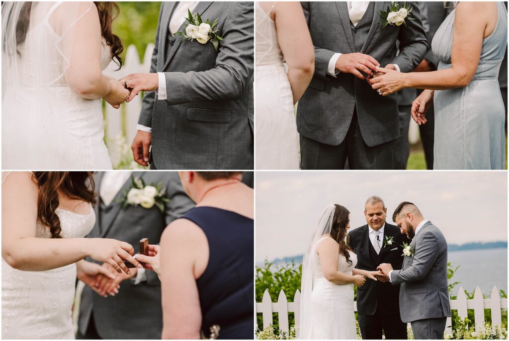 Snohomish wedding photographer gsquared weddings a collage of four port gamble summer wedding images A couple exchanges rings in the presence of an officiant The bride is in a white gown and the groom is in a gray suit They stand near a white picket fence with lush greenery in the background Serving seattle snohomish and washington state Snohomish wedding photographer gsquared weddings a collage of four port gamble summer wedding images A couple exchanges rings in the presence of an officiant The bride is in a white gown and the groom is in a gray suit They stand near a white picket fence with lush greenery in the background Serving seattle snohomish and washington state
