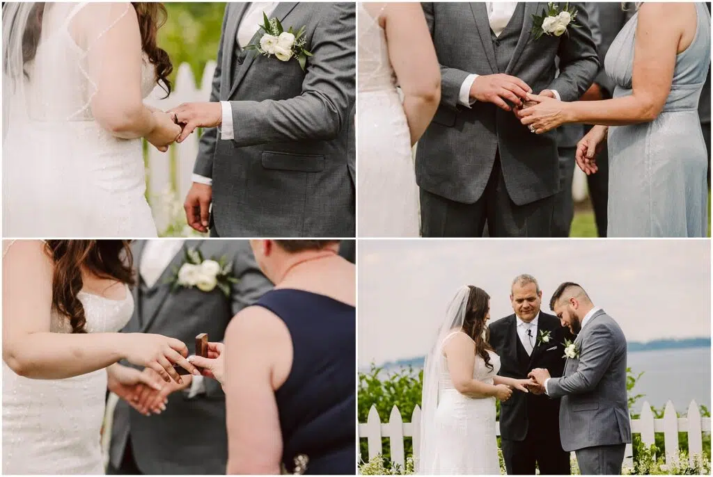 Snohomish Wedding Photographer GSquared Weddings A collage of four Port Gamble summer wedding images A couple exchanges rings in the presence of an officiant The bride is in a white gown and the groom is in a gray suit They stand near a white picket fence with lush greenery in the background Serving Seattle Snohomish and Washington State Snohomish Wedding Photographer GSquared Weddings A collage of four Port Gamble summer wedding images. A couple exchanges rings in the presence of an officiant. The bride is in a white gown, and the groom is in a gray suit. They stand near a white picket fence with lush greenery in the background. Serving Seattle, Snohomish and Washington State
