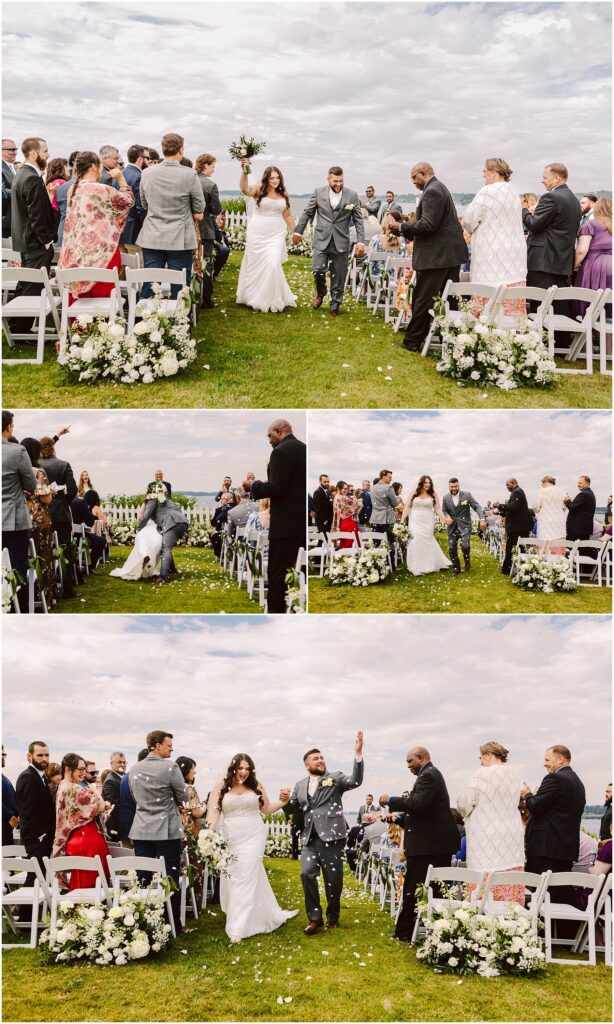 Snohomish wedding photographer gsquared weddings a newlywed couple joyfully walks down the outdoor aisle in port gamble lined with guests The bride holds a bouquet and the groom is shaking hands White chairs and flowers adorn the path Its a sunny summer day with scattered clouds Serving seattle snohomish and washington state Snohomish wedding photographer gsquared weddings a newlywed couple joyfully walks down the outdoor aisle in port gamble lined with guests The bride holds a bouquet and the groom is shaking hands White chairs and flowers adorn the path Its a sunny summer day with scattered clouds Serving seattle snohomish and washington state