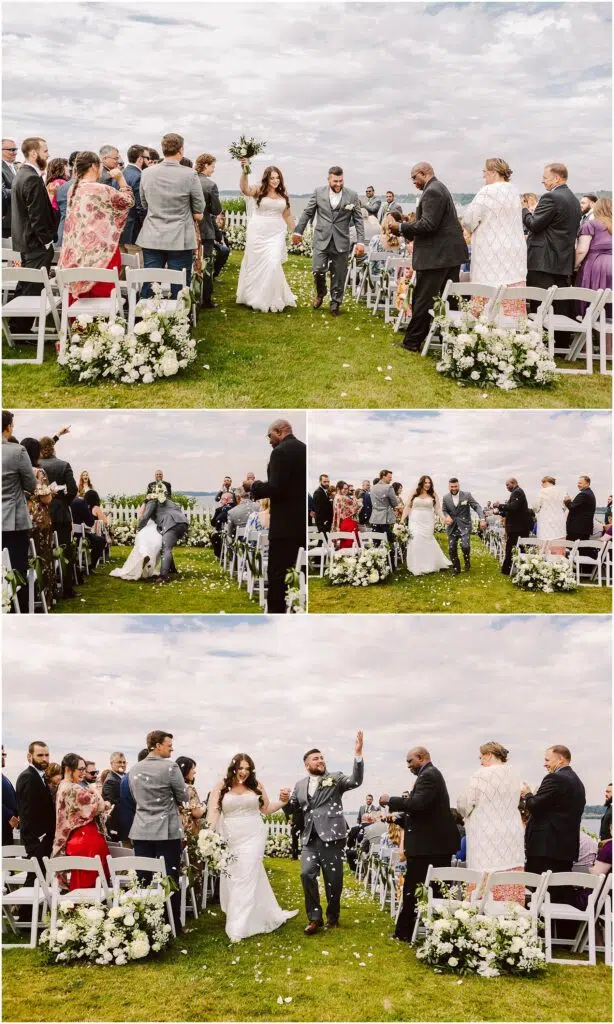 Snohomish Wedding Photographer GSquared Weddings A newlywed couple joyfully walks down the outdoor aisle in Port Gamble lined with guests The bride holds a bouquet and the groom is shaking hands White chairs and flowers adorn the path Its a sunny summer day with scattered clouds Serving Seattle Snohomish and Washington State Snohomish Wedding Photographer GSquared Weddings A newlywed couple joyfully walks down the outdoor aisle in Port Gamble, lined with guests. The bride holds a bouquet, and the groom is shaking hands. White chairs and flowers adorn the path. Its a sunny summer day with scattered clouds. Serving Seattle, Snohomish and Washington State