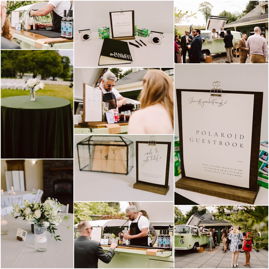 Snohomish wedding photographer gsquared weddings collage of a summer wedding reception in port gamble featuring a bar setup a polaroid guestbook station and guests interacting The displays include a sign for the guestbook and various floral arrangements A green vintage vehicle is visible in the background Serving seattle snohomish and washington state Snohomish wedding photographer gsquared weddings collage of a summer wedding reception in port gamble featuring a bar setup a polaroid guestbook station and guests interacting The displays include a sign for the guestbook and various floral arrangements A green vintage vehicle is visible in the background Serving seattle snohomish and washington state