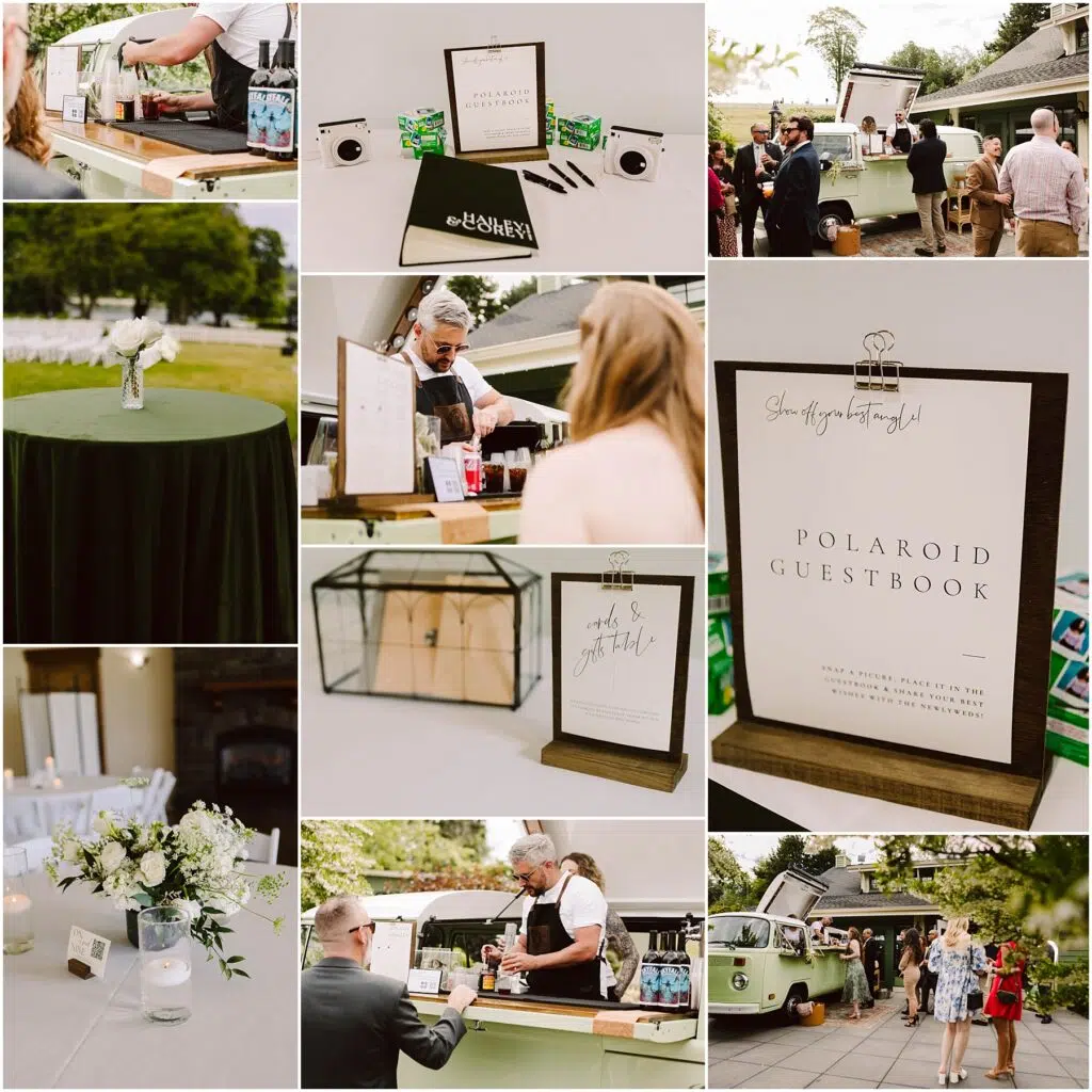 Snohomish Wedding Photographer GSquared Weddings Collage of a summer wedding reception in Port Gamble featuring a bar setup a Polaroid guestbook station and guests interacting The displays include a sign for the guestbook and various floral arrangements A green vintage vehicle is visible in the background Serving Seattle Snohomish and Washington State Snohomish Wedding Photographer GSquared Weddings Collage of a summer wedding reception in Port Gamble featuring a bar setup, a Polaroid guestbook station, and guests interacting. The displays include a sign for the guestbook and various floral arrangements. A green vintage vehicle is visible in the background. Serving Seattle, Snohomish and Washington State