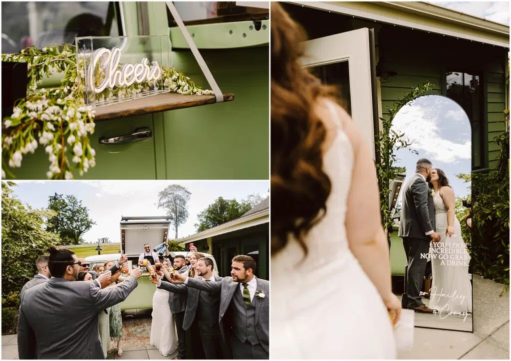 Snohomish Wedding Photographer GSquared Weddings A group of people in formal attire raise glasses in a toast outside a green trailer with a Cheers sign celebrating a summer wedding in Port Gamble A couple kisses near an open door reflecting the sky Serving Seattle Snohomish and Washington State Snohomish Wedding Photographer GSquared Weddings A group of people in formal attire raise glasses in a toast outside a green trailer with a Cheers sign, celebrating a summer wedding in Port Gamble. A couple kisses near an open door reflecting the sky. Serving Seattle, Snohomish and Washington State