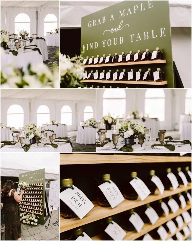 Snohomish Wedding Photographer GSquared Weddings A charming summer wedding display in Port Gamble features maple syrup bottles with guest names and table numbers under a sign reading Grab a Maple and Find Your Table Elegant tables with white cloths and floral centerpieces await guests beneath the airy tent Serving Seattle Snohomish and Washington State Snohomish Wedding Photographer GSquared Weddings A charming summer wedding display in Port Gamble features maple syrup bottles with guest names and table numbers under a sign reading Grab a Maple and Find Your Table. Elegant tables with white cloths and floral centerpieces await guests beneath the airy tent. Serving Seattle, Snohomish and Washington State