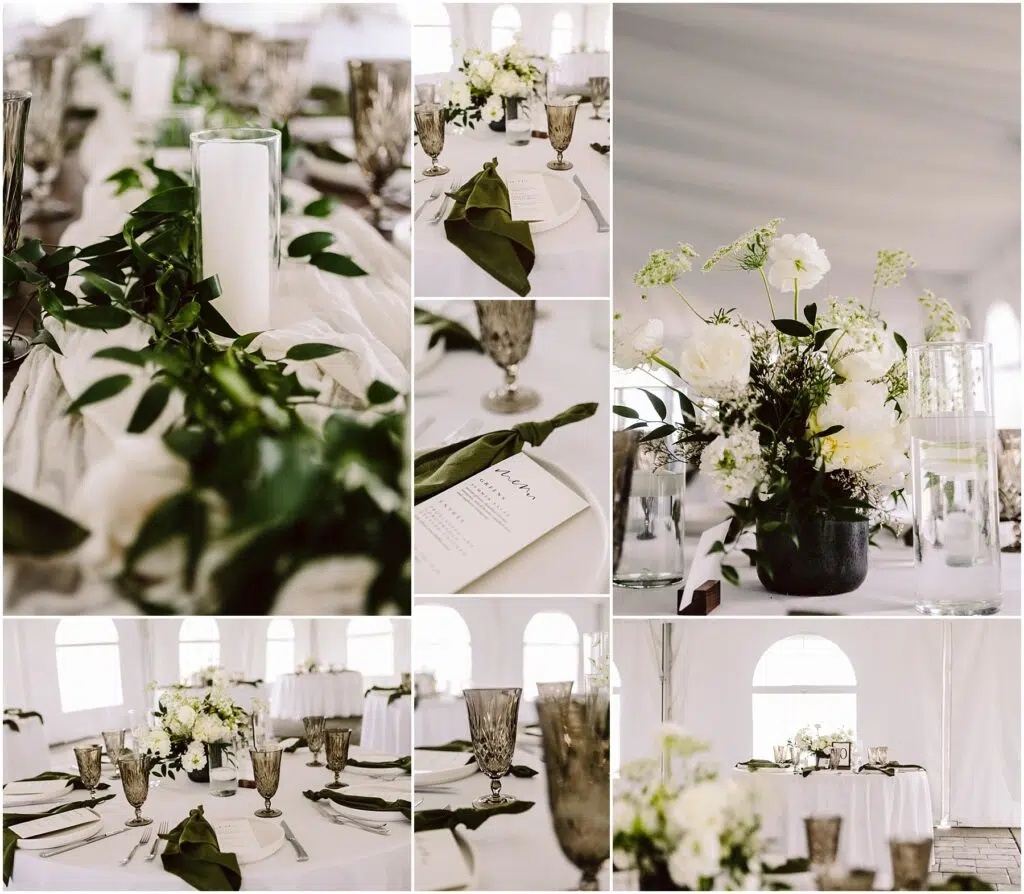Snohomish Wedding Photographer GSquared Weddings Collage of elegant summer wedding table settings in Port Gamble featuring white roses greenery candles and glassware Some images display menus on plates with neatly folded napkins The overall theme is bright blending modern and classic elements beautifully Serving Seattle Snohomish and Washington State Snohomish Wedding Photographer GSquared Weddings Collage of elegant summer wedding table settings in Port Gamble, featuring white roses, greenery, candles, and glassware. Some images display menus on plates with neatly folded napkins. The overall theme is bright, blending modern and classic elements beautifully. Serving Seattle, Snohomish and Washington State