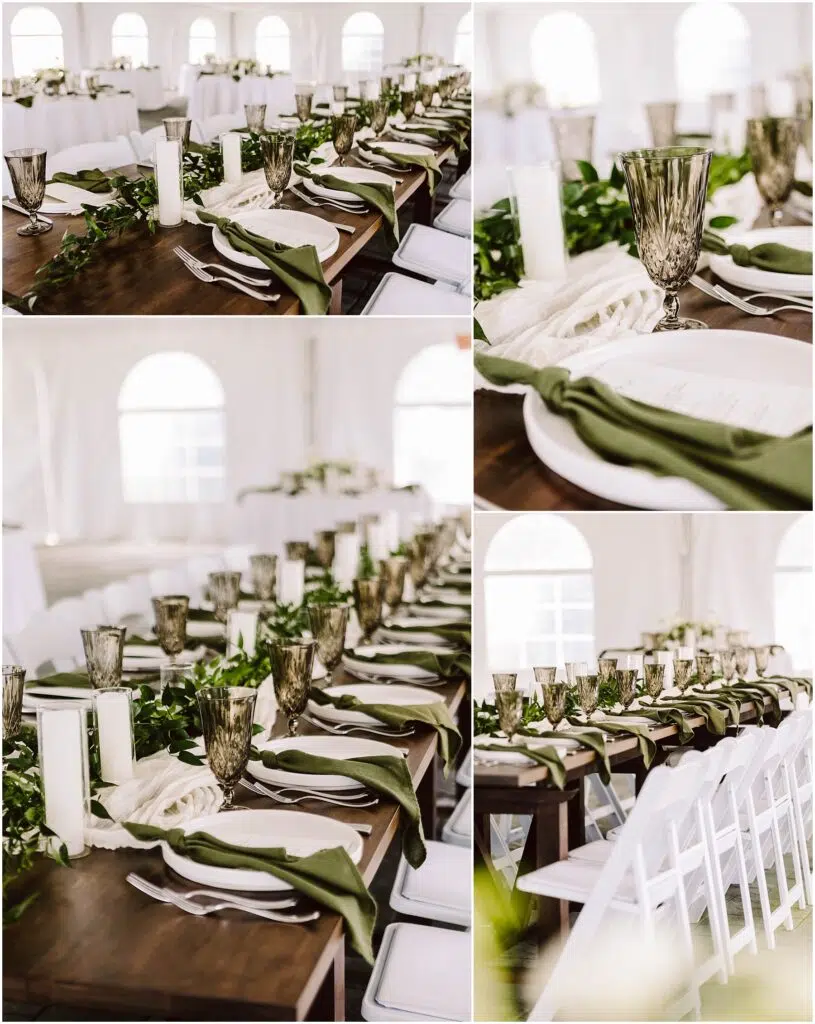 Snohomish Wedding Photographer GSquared Weddings Elegant summer wedding reception table setting with white plates green and white napkins and gray goblets arranged on a wooden table Long white candles and greenery serve as centerpieces echoing the charm of Port Gamble White chairs and natural lighting complete the setup Serving Seattle Snohomish and Washington State Snohomish Wedding Photographer GSquared Weddings Elegant summer wedding reception table setting with white plates, green and white napkins, and gray goblets arranged on a wooden table. Long white candles and greenery serve as centerpieces, echoing the charm of Port Gamble. White chairs and natural lighting complete the setup. Serving Seattle, Snohomish and Washington State