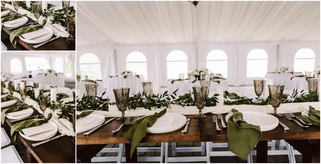 Snohomish Wedding Photographer GSquared Weddings A summer wedding reception in Port Gamble unfolds within a white tent showcasing long wooden tables adorned with white plates green napkins and ornate glasses Greenery graces the tables center while soft natural light filters through the arched windows Serving Seattle Snohomish and Washington State Snohomish Wedding Photographer GSquared Weddings A summer wedding reception in Port Gamble unfolds within a white tent, showcasing long wooden tables adorned with white plates, green napkins, and ornate glasses. Greenery graces the tables center, while soft natural light filters through the arched windows. Serving Seattle, Snohomish and Washington State
