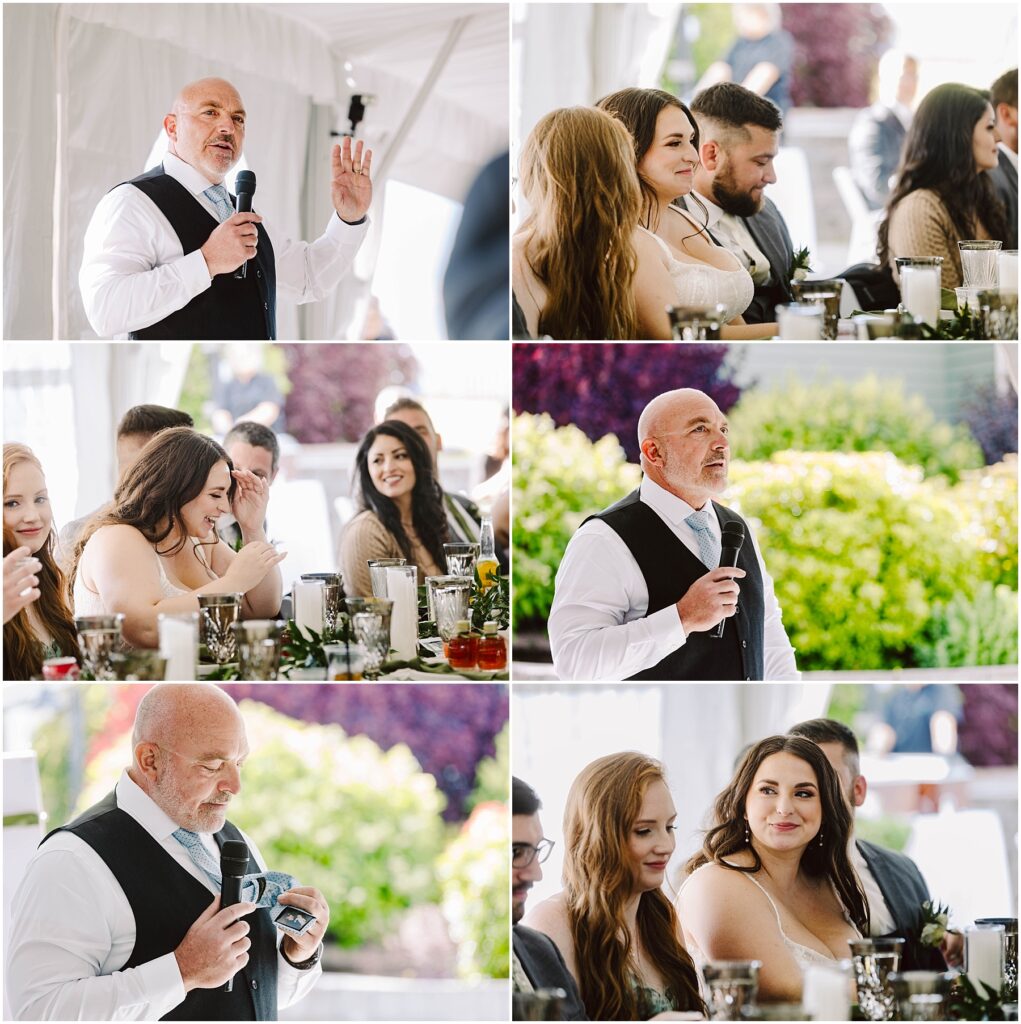 Snohomish wedding photographer gsquared weddings a man in a vest and tie speaks and gestures holding a microphone at a port gamble summer wedding Guests some smiling and listening are seated at tables adorned with flowers and glasses in the bright outdoor setting Serving seattle snohomish and washington state Snohomish wedding photographer gsquared weddings a man in a vest and tie speaks and gestures holding a microphone at a port gamble summer wedding Guests some smiling and listening are seated at tables adorned with flowers and glasses in the bright outdoor setting Serving seattle snohomish and washington state