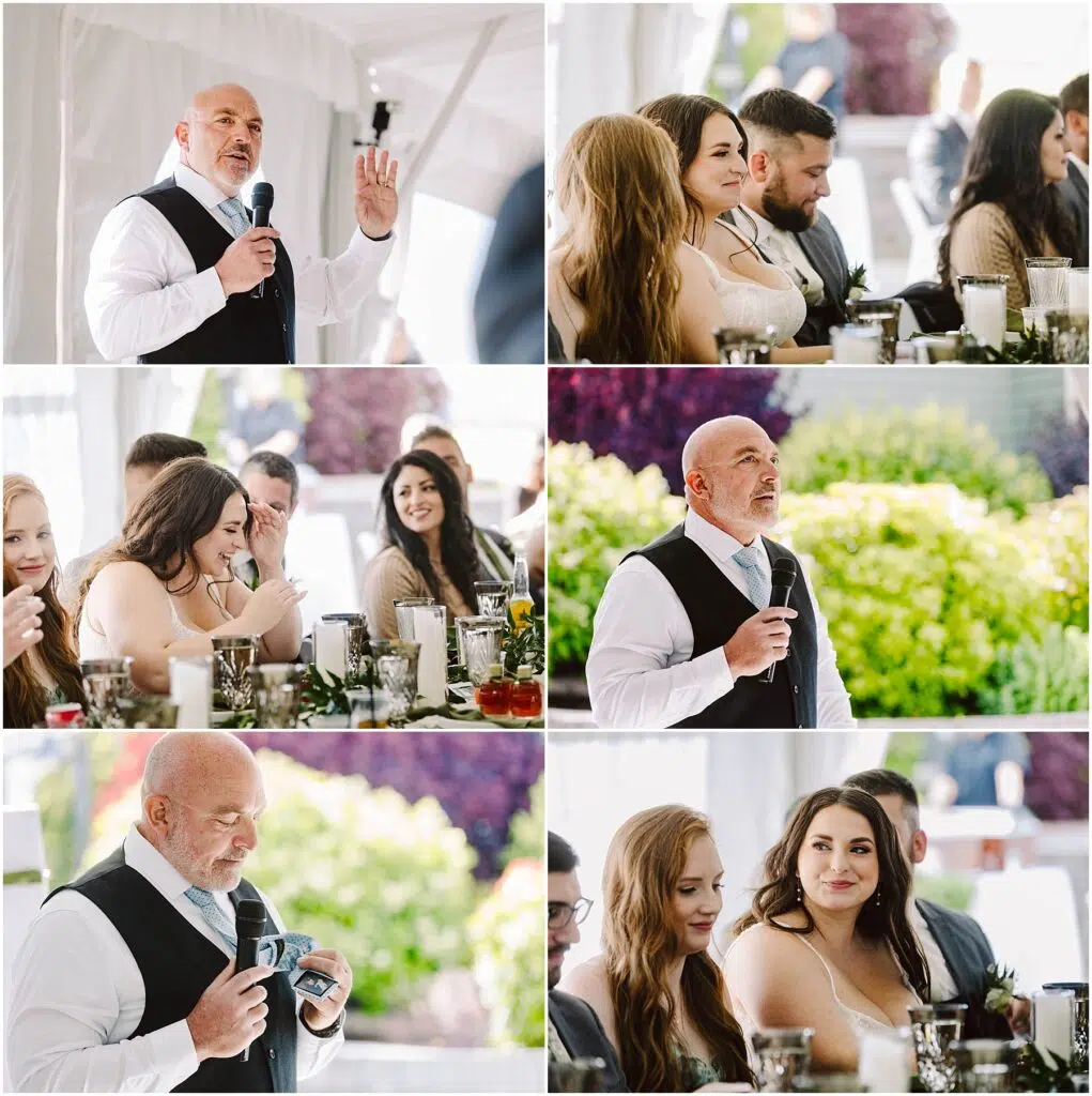 Snohomish Wedding Photographer GSquared Weddings A man in a vest and tie speaks and gestures holding a microphone at a Port Gamble summer wedding Guests some smiling and listening are seated at tables adorned with flowers and glasses in the bright outdoor setting Serving Seattle Snohomish and Washington State Snohomish Wedding Photographer GSquared Weddings A man in a vest and tie speaks and gestures, holding a microphone at a Port Gamble summer wedding. Guests, some smiling and listening, are seated at tables adorned with flowers and glasses in the bright outdoor setting. Serving Seattle, Snohomish and Washington State