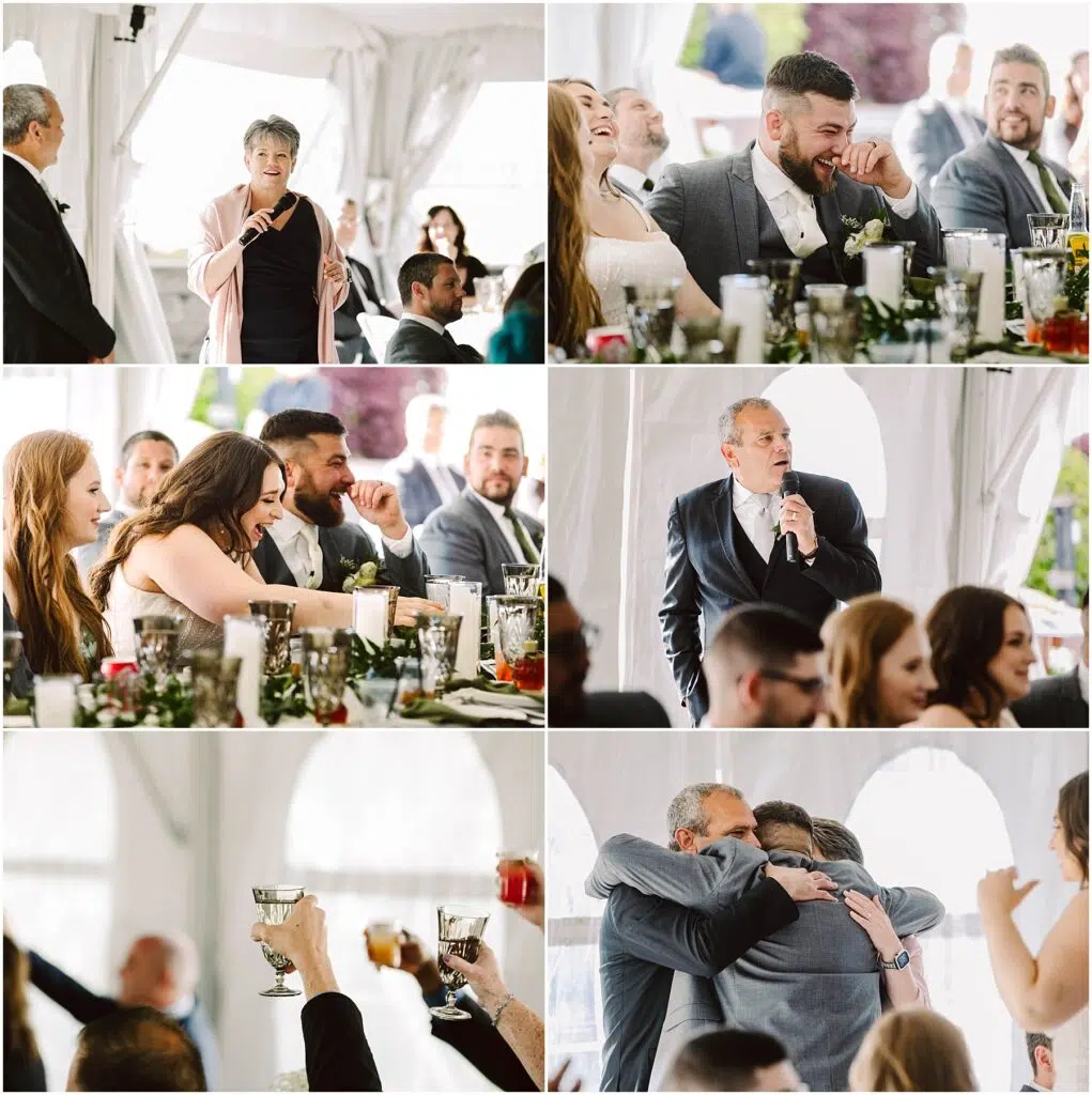 Snohomish Wedding Photographer GSquared Weddings A summer wedding collage in Port Gamble captures guests giving speeches laughing and hugging Candles and glasses elegantly decorate tables as a cheerful group raises a toast The joyful atmosphere fills the tent with arched windows Serving Seattle Snohomish and Washington State Snohomish Wedding Photographer GSquared Weddings A summer wedding collage in Port Gamble captures guests giving speeches, laughing, and hugging. Candles and glasses elegantly decorate tables as a cheerful group raises a toast. The joyful atmosphere fills the tent with arched windows. Serving Seattle, Snohomish and Washington State