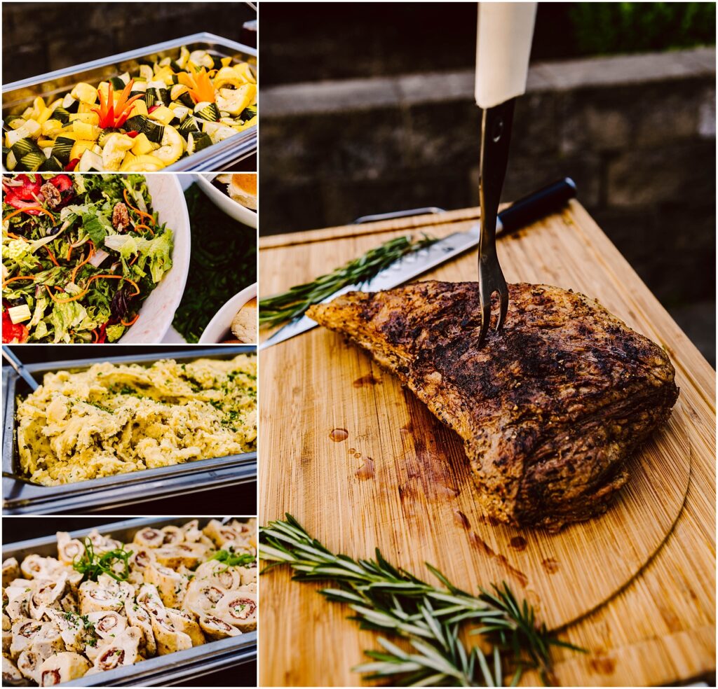 Snohomish wedding photographer gsquared weddings collage of a buffet at a summer wedding in port gamble featuring a large roasted meat on a cutting board with rosemary fresh salad with vegetables creamy mashed potatoes and a tray of sliced roll appetizers adorned with greens and red peppers Serving seattle snohomish and washington state Snohomish wedding photographer gsquared weddings collage of a buffet at a summer wedding in port gamble featuring a large roasted meat on a cutting board with rosemary fresh salad with vegetables creamy mashed potatoes and a tray of sliced roll appetizers adorned with greens and red peppers Serving seattle snohomish and washington state