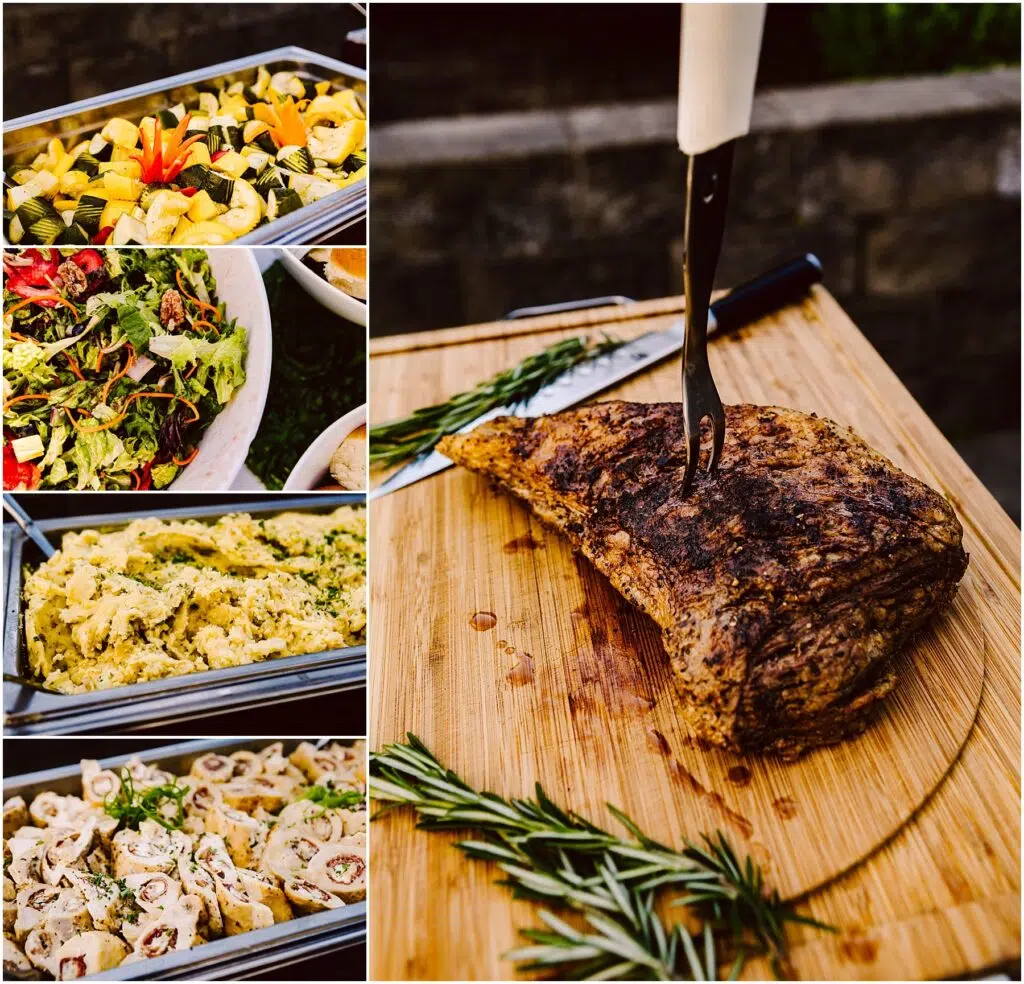 Snohomish Wedding Photographer GSquared Weddings Collage of a buffet at a Summer Wedding in Port Gamble featuring a large roasted meat on a cutting board with rosemary fresh salad with vegetables creamy mashed potatoes and a tray of sliced roll appetizers adorned with greens and red peppers Serving Seattle Snohomish and Washington State Snohomish Wedding Photographer GSquared Weddings Collage of a buffet at a Summer Wedding in Port Gamble featuring a large roasted meat on a cutting board with rosemary, fresh salad with vegetables, creamy mashed potatoes, and a tray of sliced roll appetizers adorned with greens and red peppers. Serving Seattle, Snohomish and Washington State