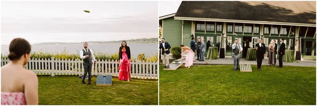 Snohomish Wedding Photographer GSquared Weddings At a picturesque summer wedding in Port Gamble two images capture the lively scene of a cornhole game by a large green building Dressed in formal attire guests play and watch drinks in hand as a man tosses a bag The grassy setting offers stunning views of the water Serving Seattle Snohomish and Washington State Snohomish Wedding Photographer GSquared Weddings At a picturesque summer wedding in Port Gamble, two images capture the lively scene of a cornhole game by a large green building. Dressed in formal attire, guests play and watch, drinks in hand, as a man tosses a bag. The grassy setting offers stunning views of the water. Serving Seattle, Snohomish and Washington State