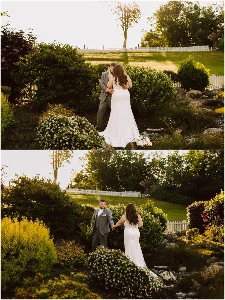 Snohomish Wedding Photographer GSquared Weddings A bride in a white gown and a groom in a gray suit share a moment in Port Gambles lush garden They are surrounded by blooming flowers and greenery with a rustic fence and trees under the clear summer wedding sky Serving Seattle Snohomish and Washington State Snohomish Wedding Photographer GSquared Weddings A bride in a white gown and a groom in a gray suit share a moment in Port Gambles lush garden. They are surrounded by blooming flowers and greenery, with a rustic fence and trees under the clear summer wedding sky. Serving Seattle, Snohomish and Washington State