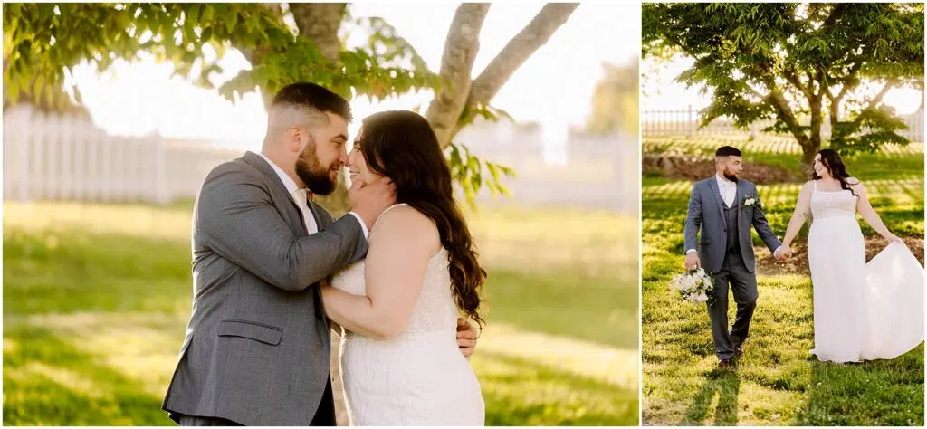 Snohomish Wedding Photographer GSquared Weddings A couple in wedding attire shares a tender moment under a tree with the groom caressing the brides face at their Port Gamble summer wedding In the second image they joyfully walk hand in hand through a sunlit garden the bride holding a bouquet Serving Seattle Snohomish and Washington State Snohomish Wedding Photographer GSquared Weddings A couple in wedding attire shares a tender moment under a tree, with the groom caressing the brides face at their Port Gamble summer wedding. In the second image, they joyfully walk hand in hand through a sunlit garden, the bride holding a bouquet. Serving Seattle, Snohomish and Washington State