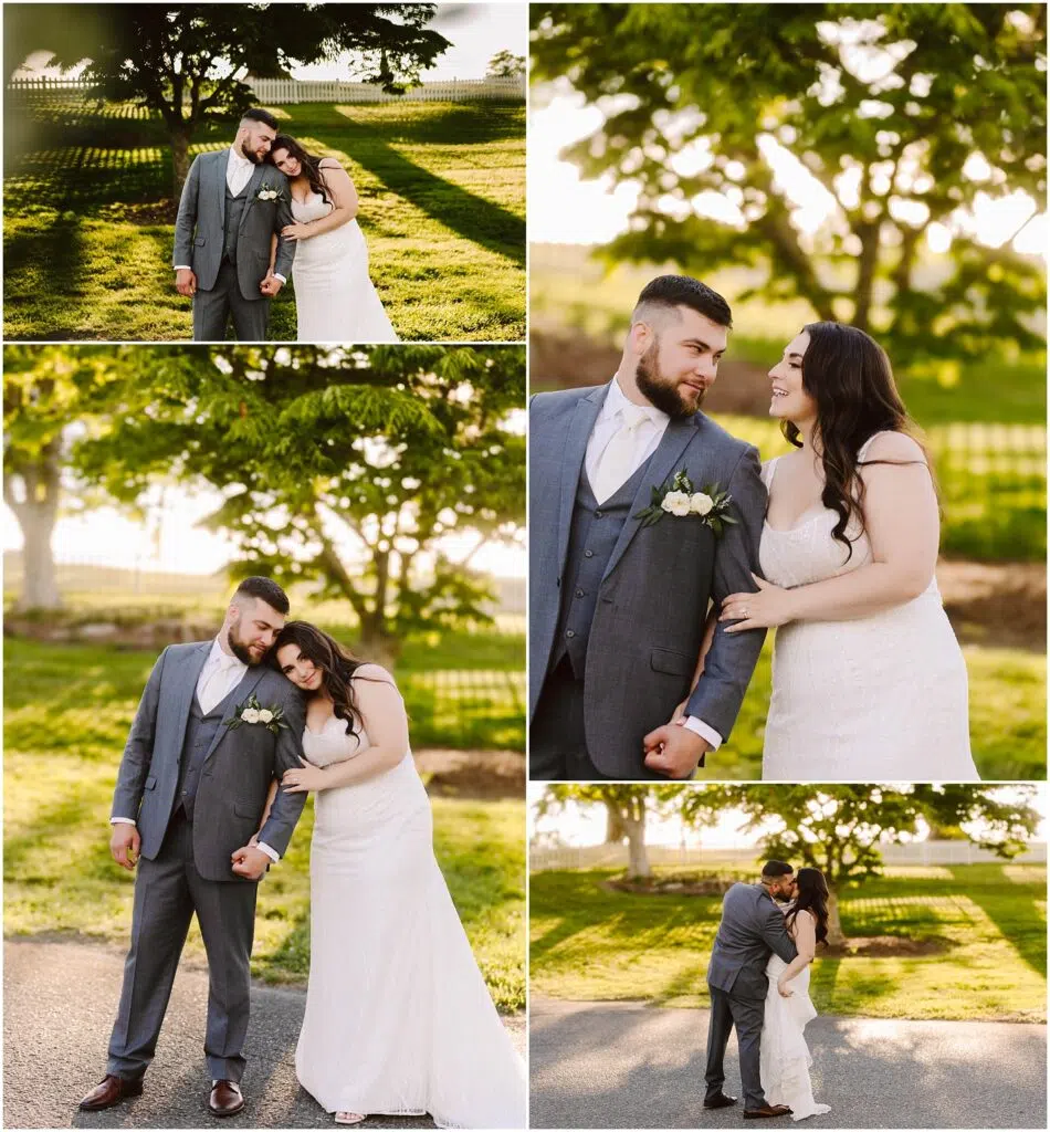 Snohomish Wedding Photographer GSquared Weddings A couple is dressed in wedding attire embracing and holding hands on a sunlit path with Port Gambles trees in the background The groom in a gray suit and the bride in a white dress share smiles and tender moments during their summer wedding Serving Seattle Snohomish and Washington State Snohomish Wedding Photographer GSquared Weddings A couple is dressed in wedding attire, embracing and holding hands on a sunlit path with Port Gambles trees in the background. The groom, in a gray suit, and the bride, in a white dress, share smiles and tender moments during their summer wedding. Serving Seattle, Snohomish and Washington State