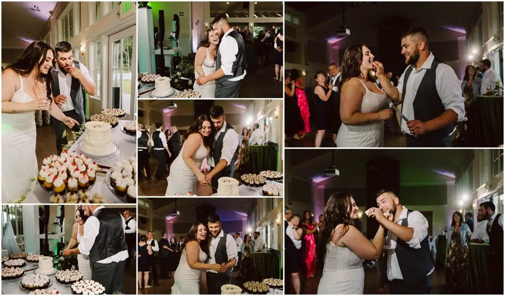 Snohomish Wedding Photographer GSquared Weddings A collage of wedding photos captures a couple cutting and feeding each other cake surrounded by laughing guests The venue adorned with green accents exudes a joyful ambiance at their Summer Wedding in Port Gamble with tables brimming with desserts completing the scene Serving Seattle Snohomish and Washington State Snohomish Wedding Photographer GSquared Weddings A collage of wedding photos captures a couple cutting and feeding each other cake, surrounded by laughing guests. The venue, adorned with green accents, exudes a joyful ambiance at their Summer Wedding in Port Gamble, with tables brimming with desserts completing the scene. Serving Seattle, Snohomish and Washington State
