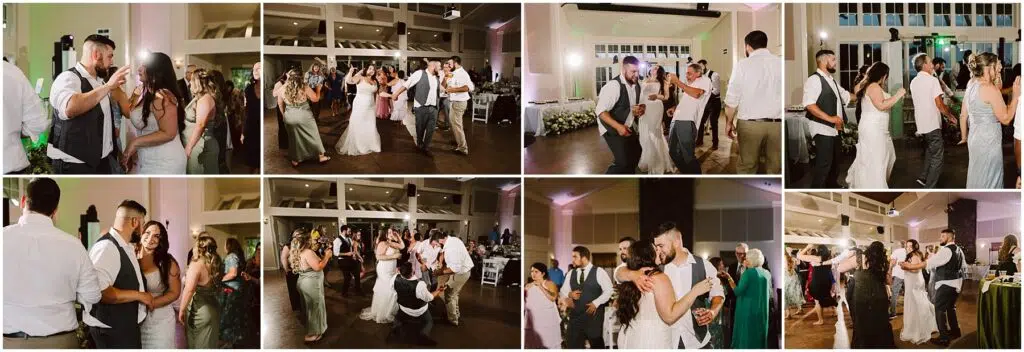 Snohomish Wedding Photographer GSquared Weddings A collage of wedding reception photos captures guests dancing and reveling in the joy of a summer wedding The bride stuns in a white dress the groom in a vest as attendees laugh under festive lighting at the spacious venue of Port Gamble Serving Seattle Snohomish and Washington State Snohomish Wedding Photographer GSquared Weddings A collage of wedding reception photos captures guests dancing and reveling in the joy of a summer wedding. The bride stuns in a white dress, the groom in a vest, as attendees laugh under festive lighting at the spacious venue of Port Gamble. Serving Seattle, Snohomish and Washington State