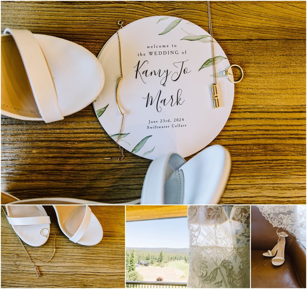 Snohomish Wedding Photographer GSquared Weddings Collage of wedding details: a circular invitation with Kany Jo & Mark on wood, a bracelet, necklace, white shoes, lace fabric, and a scenic view of a winerys vineyard and mountains. Date on invite reads June 23, 2024, at Swiftwater Cellars. Serving Seattle, Snohomish and Washington State