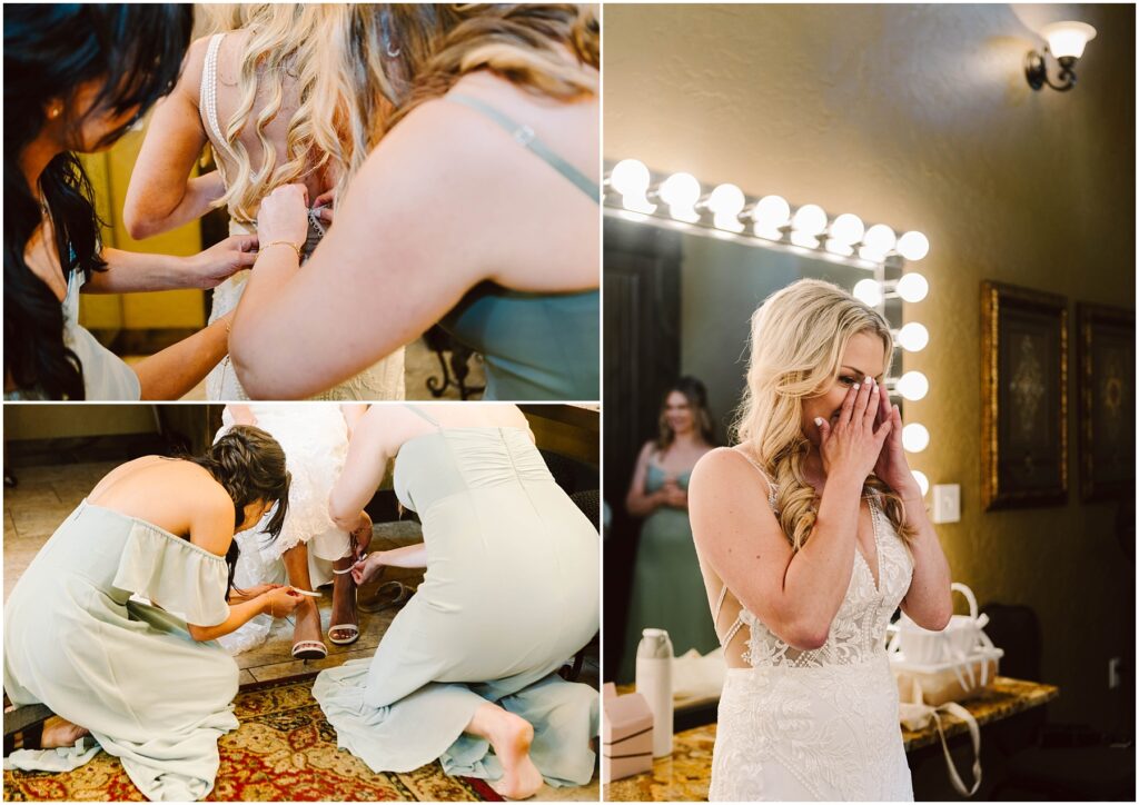 Snohomish Wedding Photographer GSquared Weddings A bride in a white dress is being helped by two women in green dresses, one zipping the back and another adjusting her shoe. Nearby, at a charming winery vanity adorned with lights, the bride smiles and covers her mouth joyfully in a different frame. Serving Seattle, Snohomish and Washington State