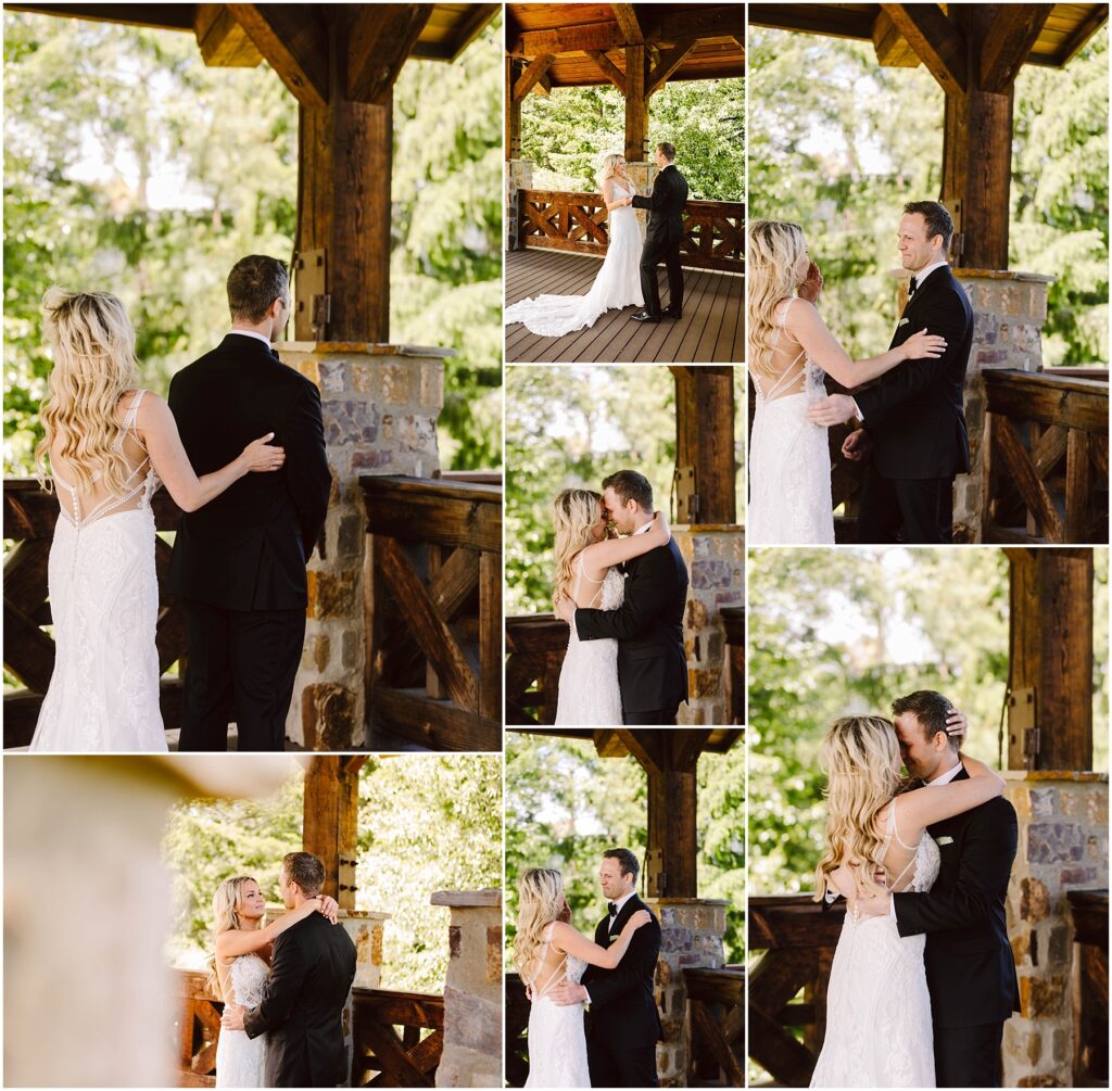 Snohomish Wedding Photographer GSquared Weddings A bride and groom in elegant attire embrace and dance under a wooden gazebo at a charming winery, surrounded by lush greenery. They share joyful and tender moments, highlighted by sunlight filtering through the structure, exchanging loving gazes and affectionate gestures. Serving Seattle, Snohomish and Washington State