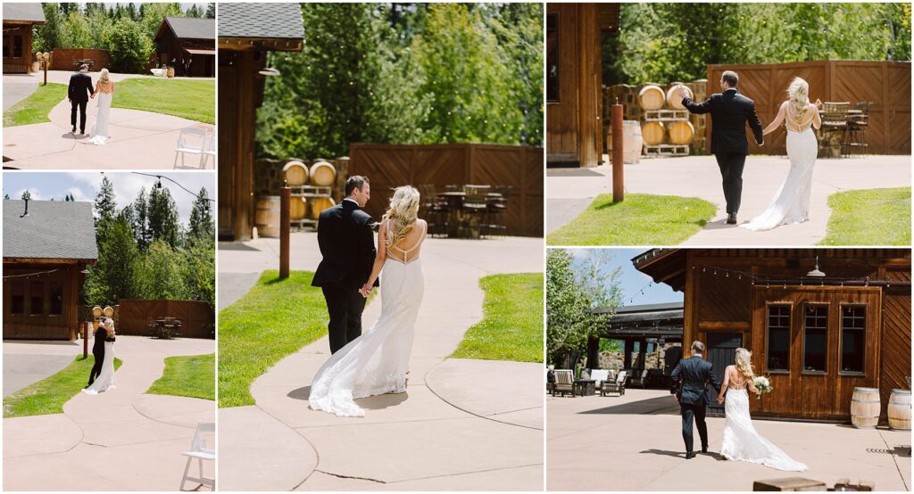 Snohomish Wedding Photographer GSquared Weddings A bride in a white dress and a groom in a black suit hold hands, strolling through a sunlit winery with rustic wooden buildings and lush greenery. Multiple images capture them from different angles as they enjoy the picturesque outdoors. Serving Seattle, Snohomish and Washington State