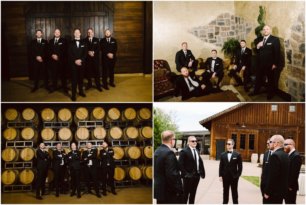 Snohomish Wedding Photographer GSquared Weddings A group of men in black suits, white shirts, and black ties pose at a picturesque winery: in front of wooden barrels, outside a rustic wooden building, and indoors against a brick wall and elegant wooden doors. Serving Seattle, Snohomish and Washington State