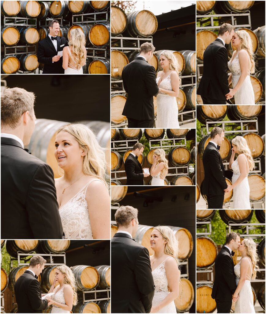 Snohomish Wedding Photographer GSquared Weddings A couple in wedding attire exchange vows in front of stacked wine barrels at a picturesque winery. They hold hands and smile at each other, standing outdoors in various poses. The atmosphere is joyful and intimate. Serving Seattle, Snohomish and Washington State