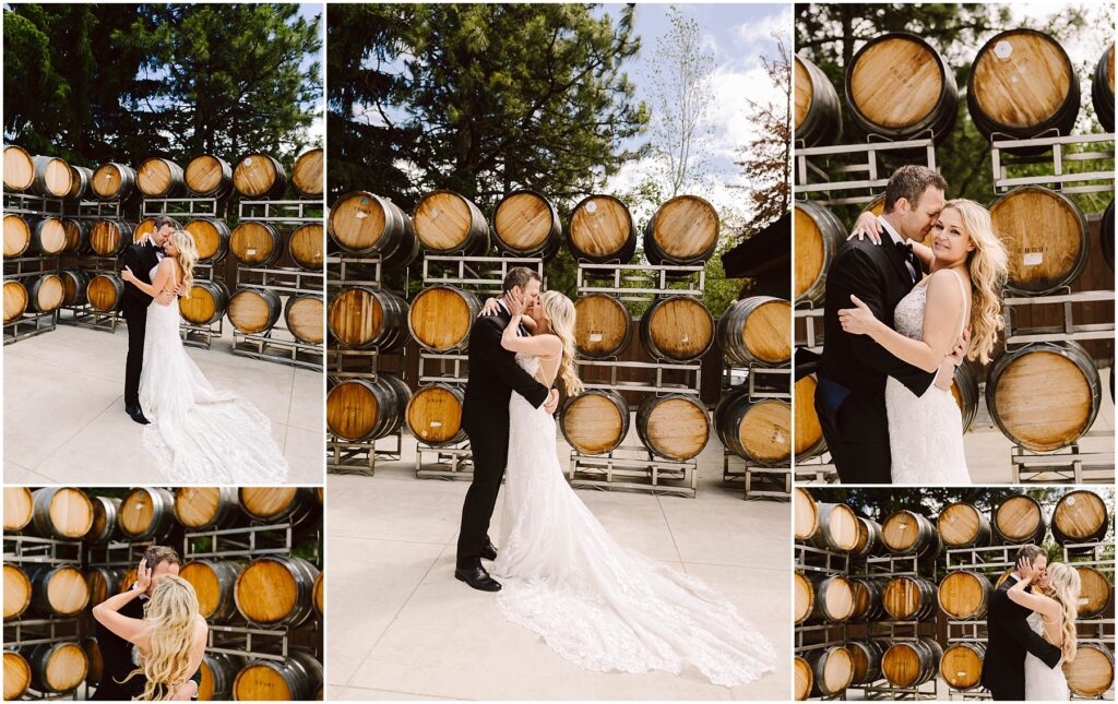 Snohomish Wedding Photographer GSquared Weddings A bride and groom embrace at a picturesque winery, posing for photos in front of stacked wooden barrels. The bride wears a long, lace wedding dress, while the groom dons a black suit. They appear joyful and affectionate under the clear sky. Serving Seattle, Snohomish and Washington State