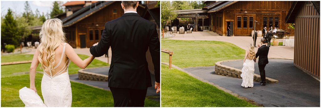 Snohomish Wedding Photographer GSquared Weddings A bride and groom, both in formal attire, walk hand in hand towards a rustic wooden winery. The setting features lush greenery and a paved path, creating a scenic atmosphere for their outdoor event. Serving Seattle, Snohomish and Washington State