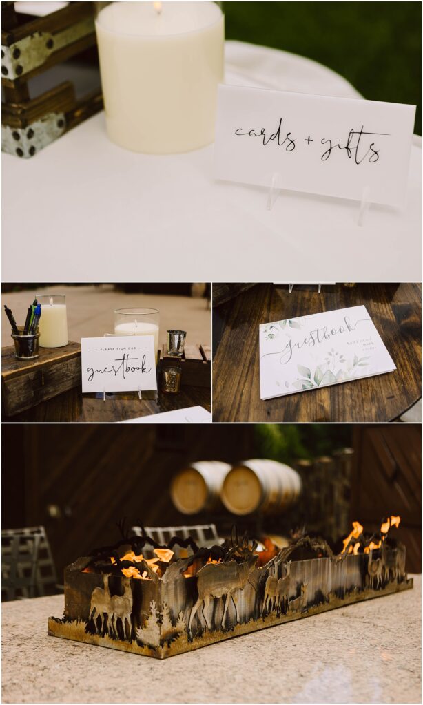 Snohomish Wedding Photographer GSquared Weddings Collage of a winery wedding setup: a candle and cards + gifts sign, a guestbook table with pens and an instruction card, a guestbook with floral cover, and a decorative metal sculpture of a forest scene on fire. Serving Seattle, Snohomish and Washington State