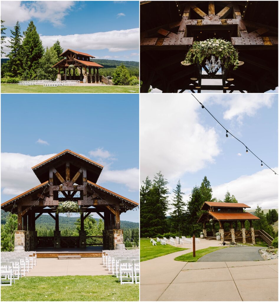 Snohomish Wedding Photographer GSquared Weddings A four-image collage of an outdoor wedding venue at a charming winery. It features a wooden pavilion with stone accents, surrounded by lush greenery and mountains. White chairs are arranged in rows, and string lights hang above the pathway leading to the pavilion. Serving Seattle, Snohomish and Washington State