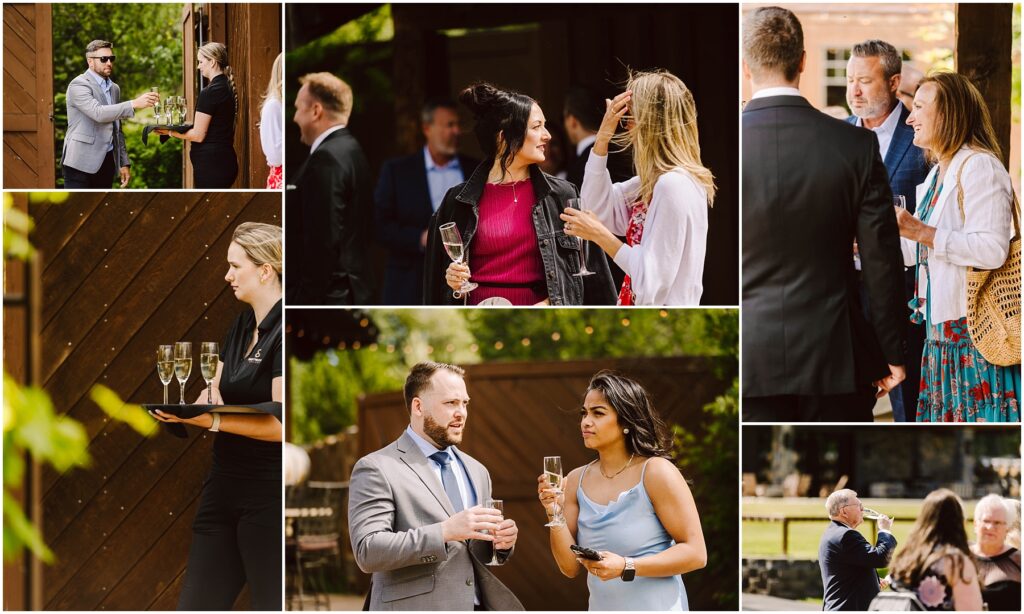 Snohomish Wedding Photographer GSquared Weddings A collage of six images showcases people at an outdoor social event at a winery. Individuals hold drinks, chat, and interact. A server carries a tray of wine glasses. This diverse group, dressed in semi-formal attire, savors sunny weather and lively conversation. Serving Seattle, Snohomish and Washington State