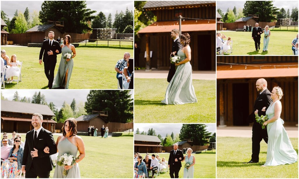 Snohomish Wedding Photographer GSquared Weddings Collage of a wedding procession outdoors at a charming winery. Couples in formal attire walk on green grass with rustic wooden buildings in the background. Bridesmaids wear sage green dresses, groomsmen in black suits. Guests seated on either side, lush trees visible under a partly cloudy sky. Serving Seattle, Snohomish and Washington State