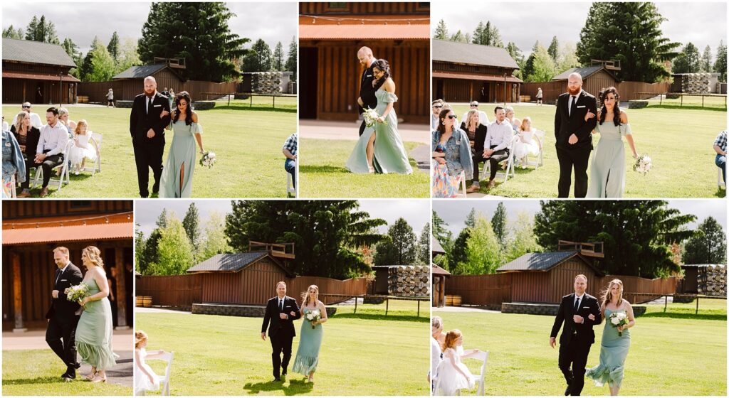 Snohomish Wedding Photographer GSquared Weddings A collage of six outdoor wedding photos showcases bridesmaids and groomsmen walking down a vineyard aisle. The setting, amidst lush greenery, features guests seated on either side and a rustic wooden building in the background. Bridesmaids hold bouquets and wear light green dresses, perfectly complementing the winery ambiance. Serving Seattle, Snohomish and Washington State